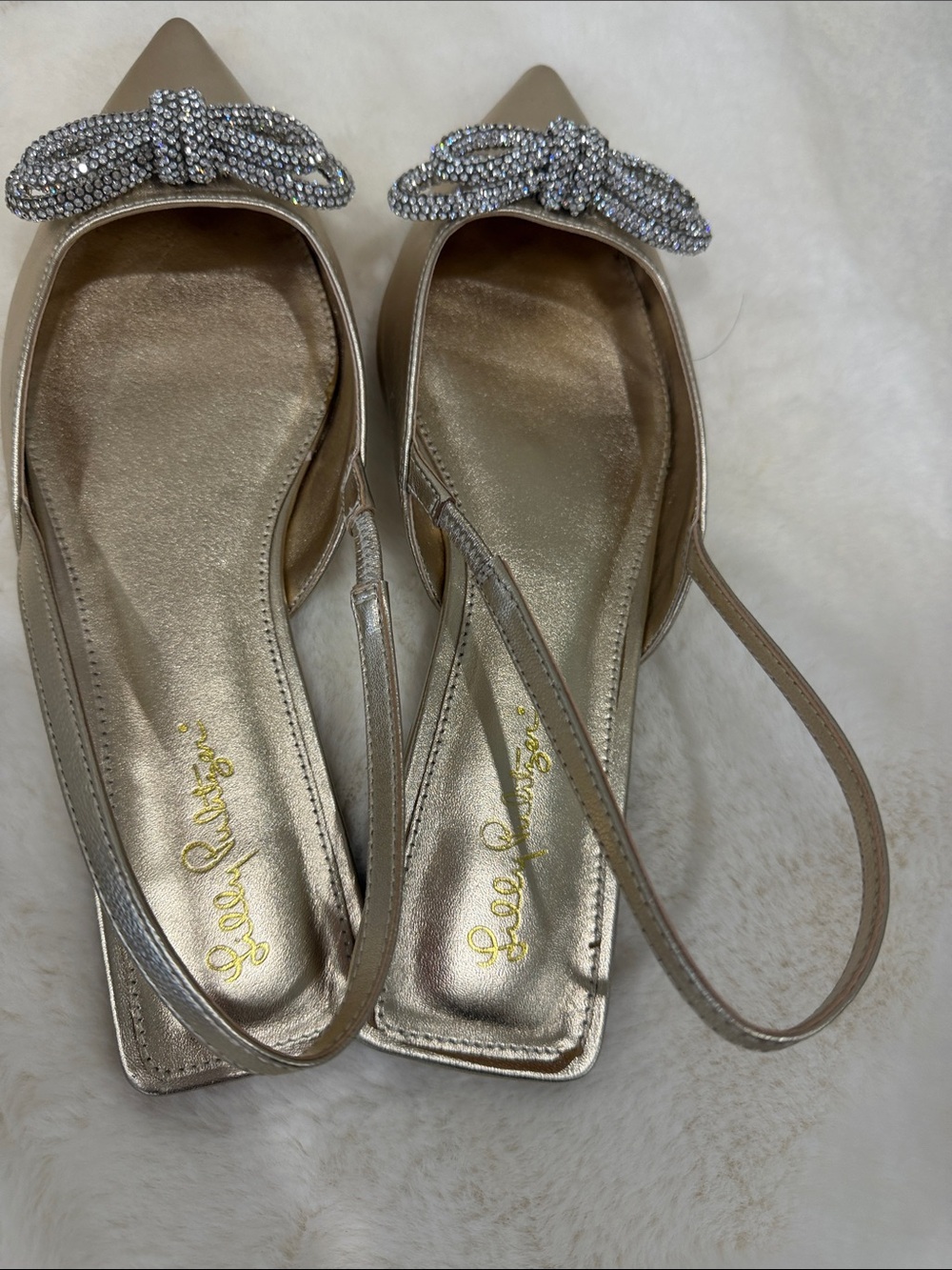 Lilly Pulitzer Metallic Gold Pointed Slingback Flats with Crystal Bow - Picture 3 of 5